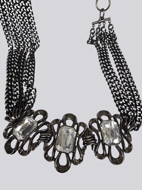 Jewelry - Vintage-Style Black Multi-Chain Necklace With Clear Rhinestone Accents